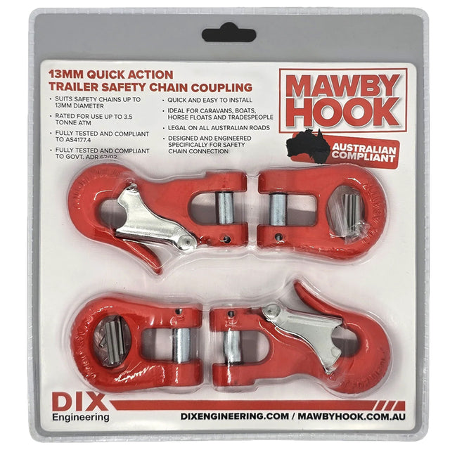 Pack of 2 red mawby hooks for your trailer safety chain.
