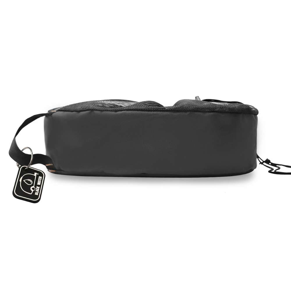 Black sullage hose storage bag with mesh drawstring top, carry handle and Black Water tag