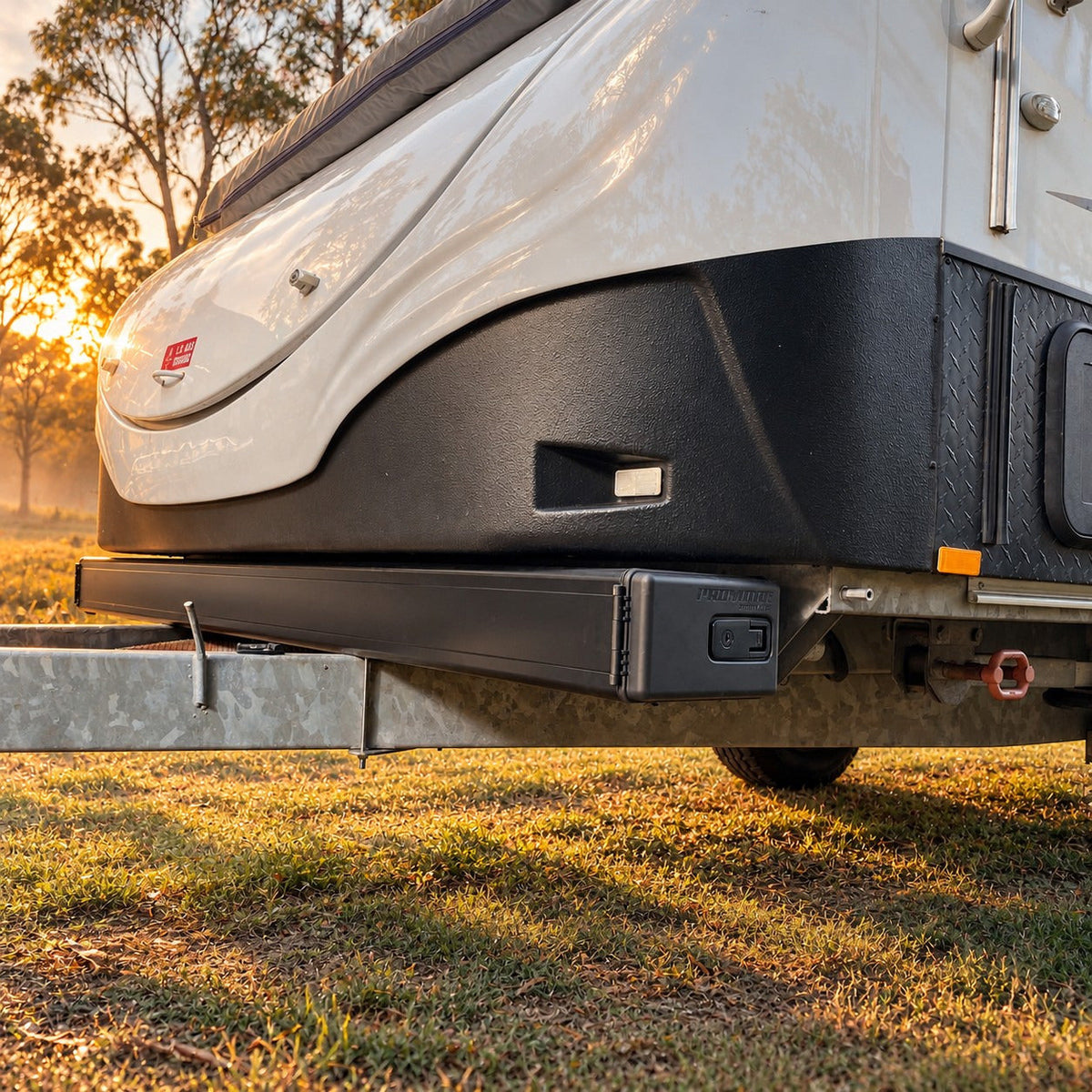 Promore Products Aluminium Caravan Pole Carrier fitted to the front of a Jayco Outback wind up camper