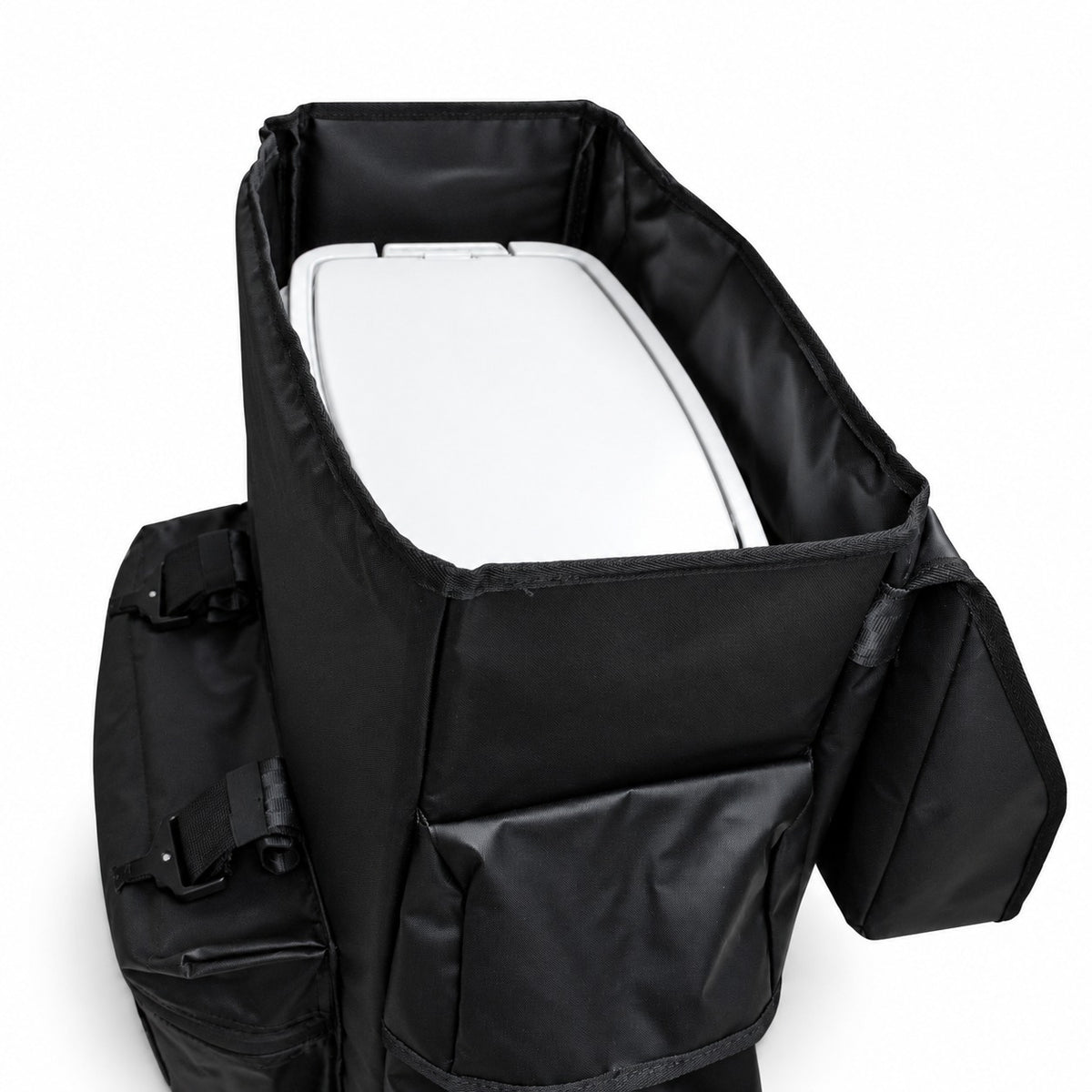 Promore Products Premium Spare Tyre Bag open with a 30L bin inside the main compartment