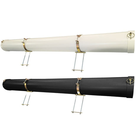 a white pole carrier and black pole carrier with a 150mm diameter.