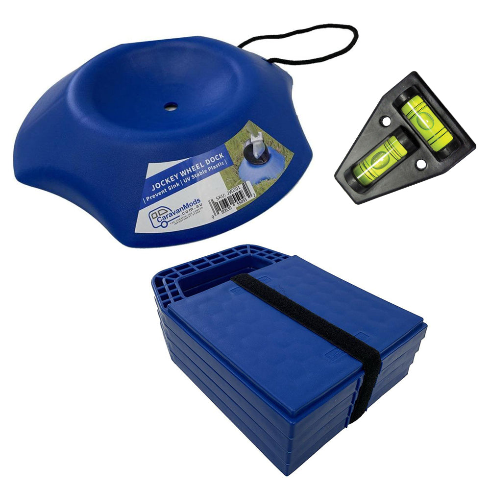 'Get Level' Combo - Stabiliser Pads, Jockey Wheel Dock, T-Bubble Level