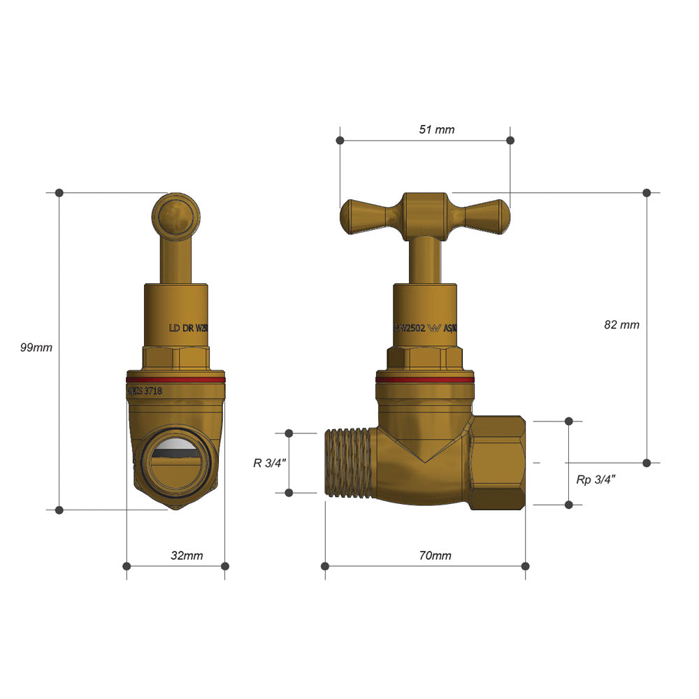 Brass Stop Tap 20mm BSP M x F