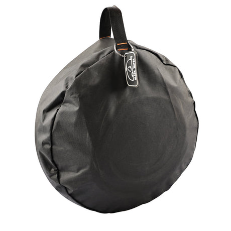 Black caravan storage bag from the side showing its round shape and carry handle