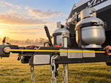 Tape measure running along the drawbar from the coupling to the back of the gas bottles in early morning light