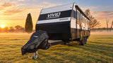 The same caravan at sunrise with the black Promore Products hitch cover fitted over the hitch and gas bottles