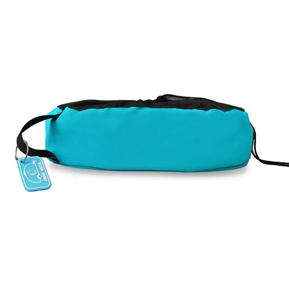 Blue drinking water hose storage bag with black mesh drawstring top, carry handle and Fresh Water tag