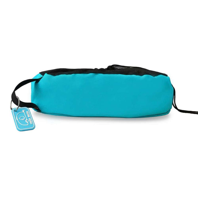 Blue drinking water hose storage bag with black mesh drawstring top, carry handle and Fresh Water tag