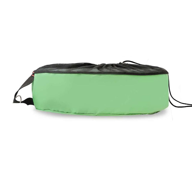 Green electrical lead storage bag with black mesh drawstring top and carry handle