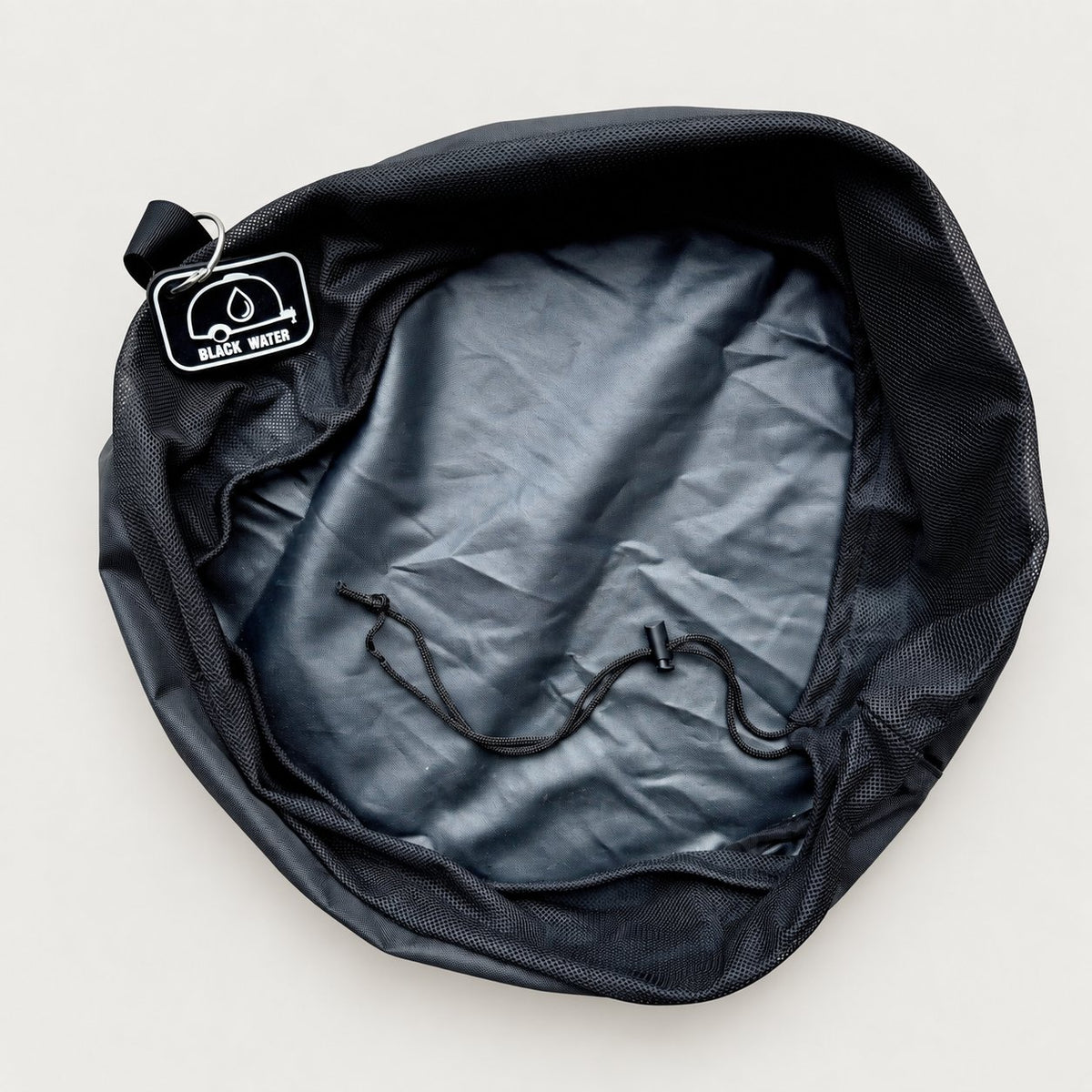 Black grey water hose bag open from above on a plain background, showing the mesh top, drawstring and rubber tag