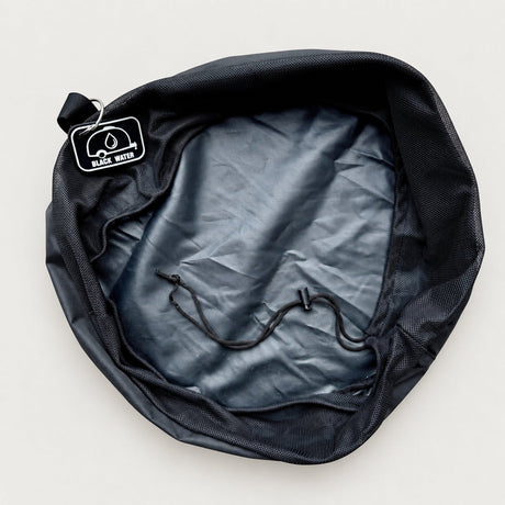 Black sullage hose bag open from above on a plain background, showing the mesh top, drawstring and Black Water tag