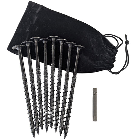 pack of 8 screw in matting pegs for camp flooring, bag and drill bit.