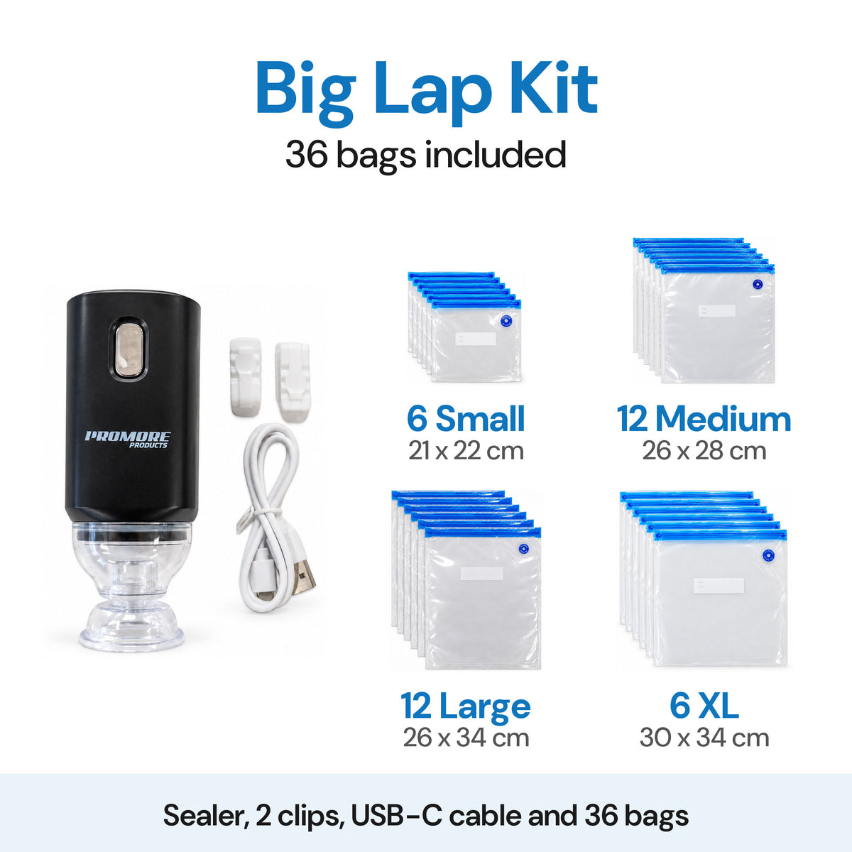 Promore Products Portable Vacuum Sealer Big Lap Kit with 2 clips, USB-C cable and 36 bags: 6 Small, 12 Medium, 12 Large and 6 XL