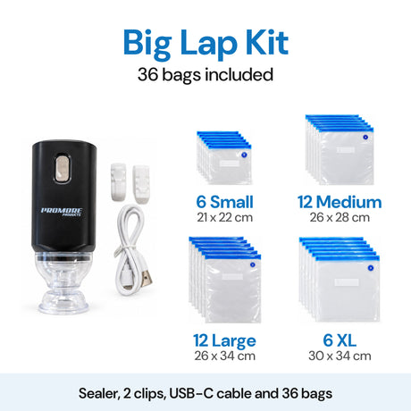 Promore Products Portable Vacuum Sealer Big Lap Kit with 2 clips, USB-C cable and 36 bags: 6 Small, 12 Medium, 12 Large and 6 XL