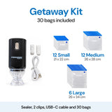 Promore Products Portable Vacuum Sealer Getaway Kit with 2 clips, USB-C cable and 30 bags: 12 Small, 12 Medium and 6 Large