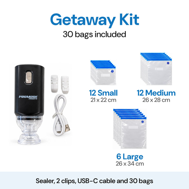 Promore Products Portable Vacuum Sealer Getaway Kit with 2 clips, USB-C cable and 30 bags: 12 Small, 12 Medium and 6 Large