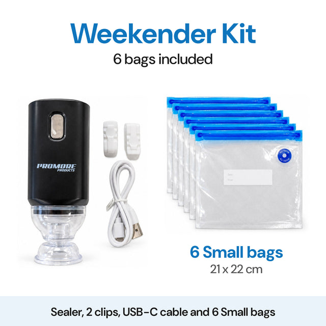 Promore Products Portable Vacuum Sealer Weekender Kit with 2 clips, USB-C cable and 6 Small bags