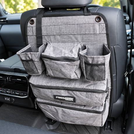 Promore Products Premium Car Seat Organiser fitted to the back of a front seat, with three open top pockets and two zipped lower pockets