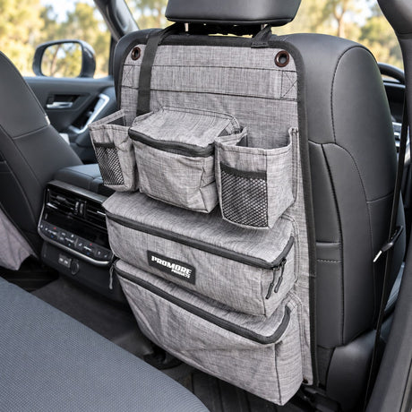 Angled view of the Promore Products Premium Car Seat Organiser fitted behind a front seat in a dual cab