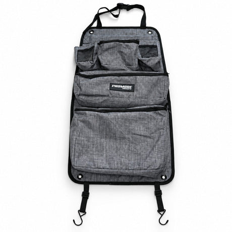 Promore Products Premium Car Seat Organiser laid flat on a white background showing all pockets, the top strap and the lower hooks