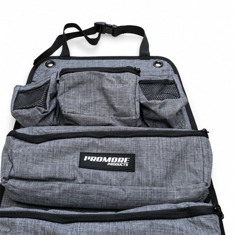 Top of the Promore Products Premium Car Seat Organiser showing the logo and hanging strap on a white background