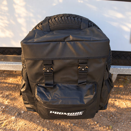 Promore Products Premium Spare Tyre Bag fitted to a spare wheel with the zip front pocket open
