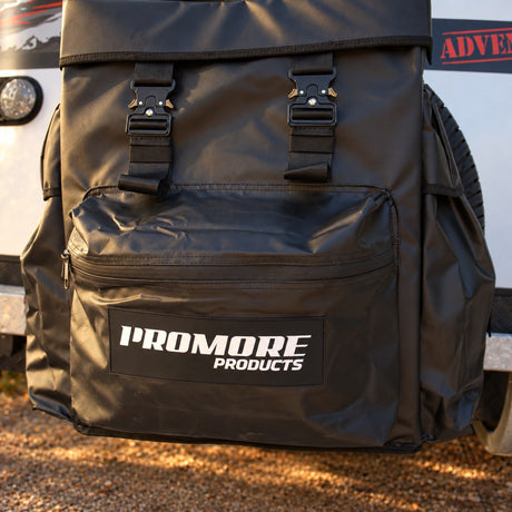 Close up of the Promore Products logo on the front pocket of the Premium Spare Tyre Bag