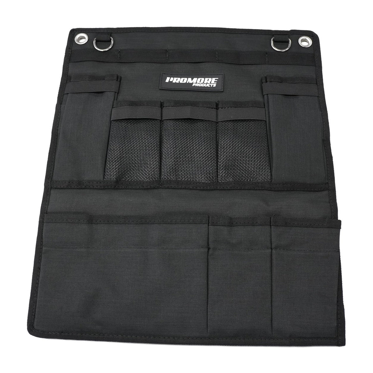 Promore Products Upright Fridge Organiser Small laid flat showing its 8 pockets and mesh top pockets
