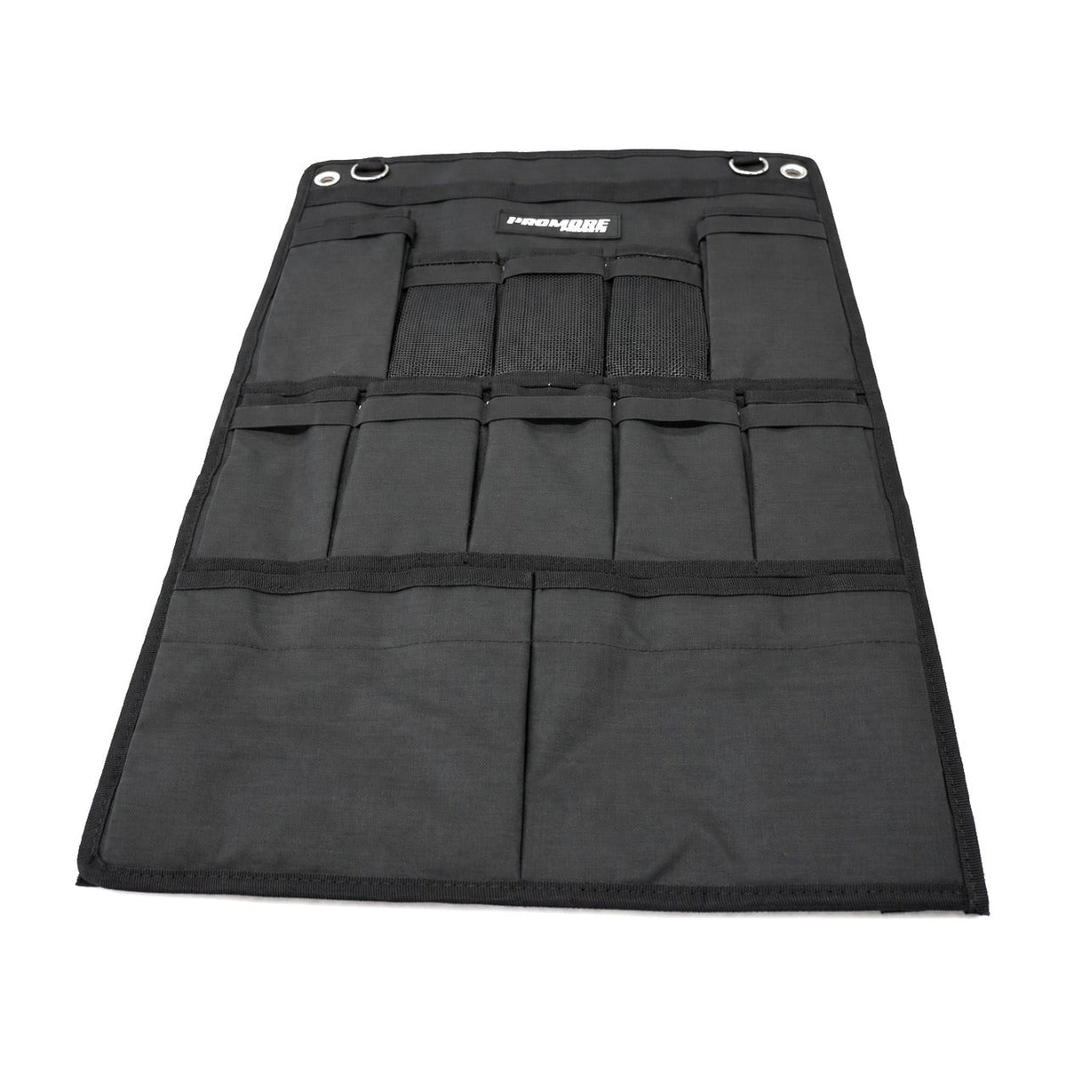Close view of the pocket layout and mesh top pockets on the Promore Products Upright Fridge Organiser